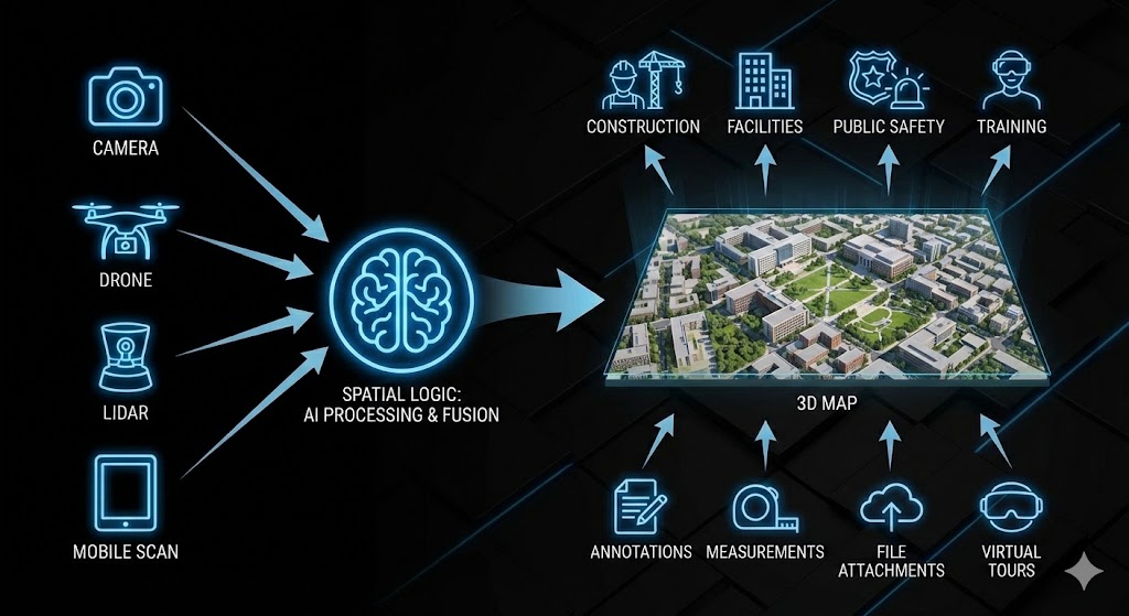Diagram showing RGB/LiDAR/Drone data flowing into Spatial Logic platform to create a 3D map for collaboration