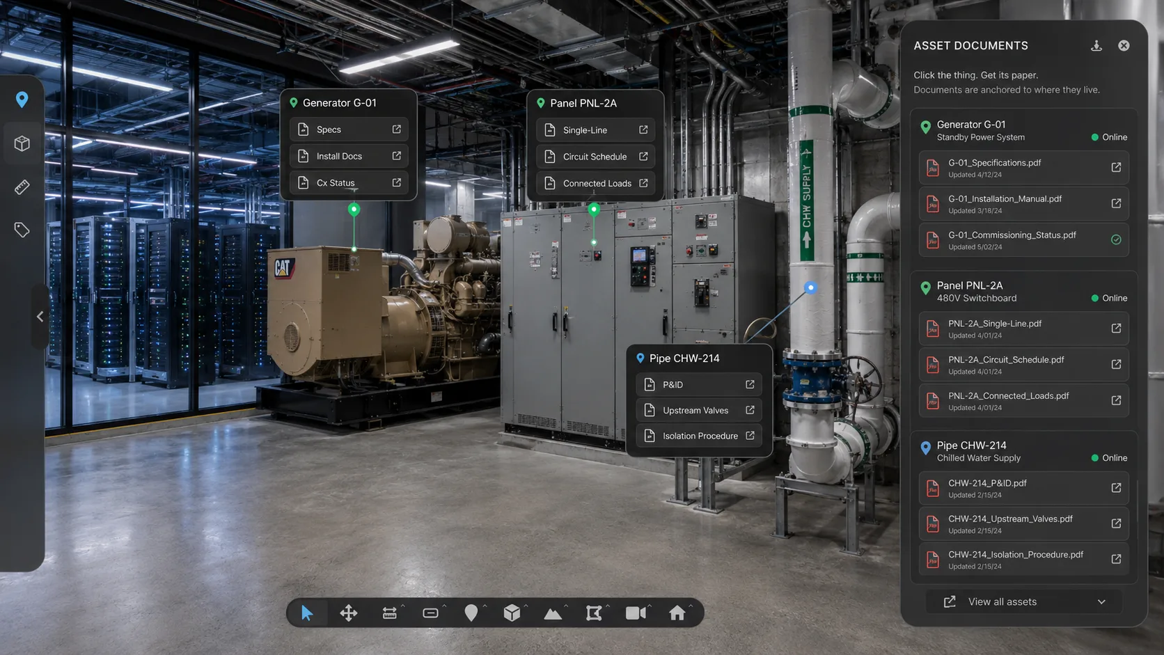 Generator, panel, and pipe in the model with their documents anchored to each asset