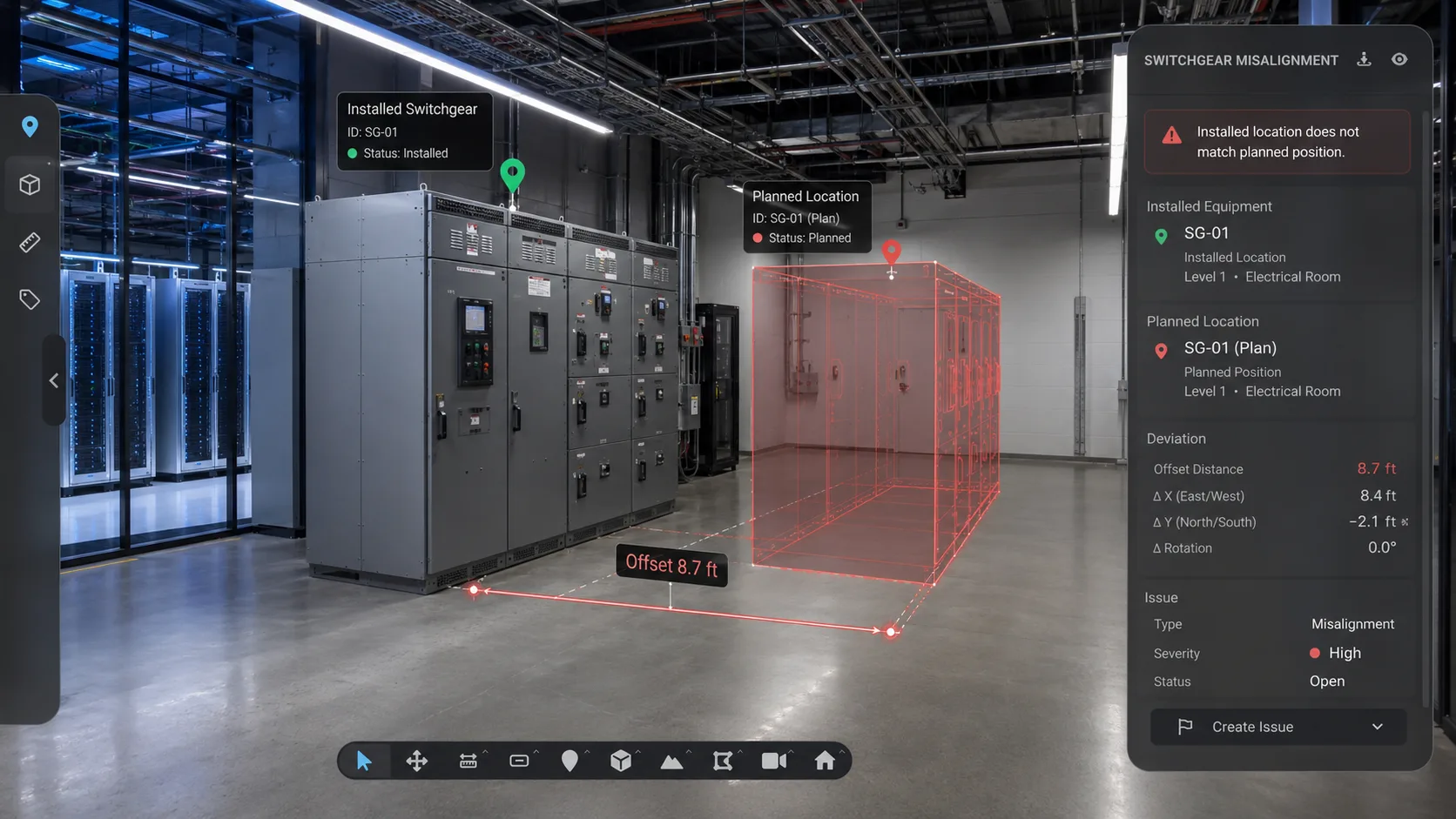 Installed switchgear flagged off its planned position in a data center electrical room