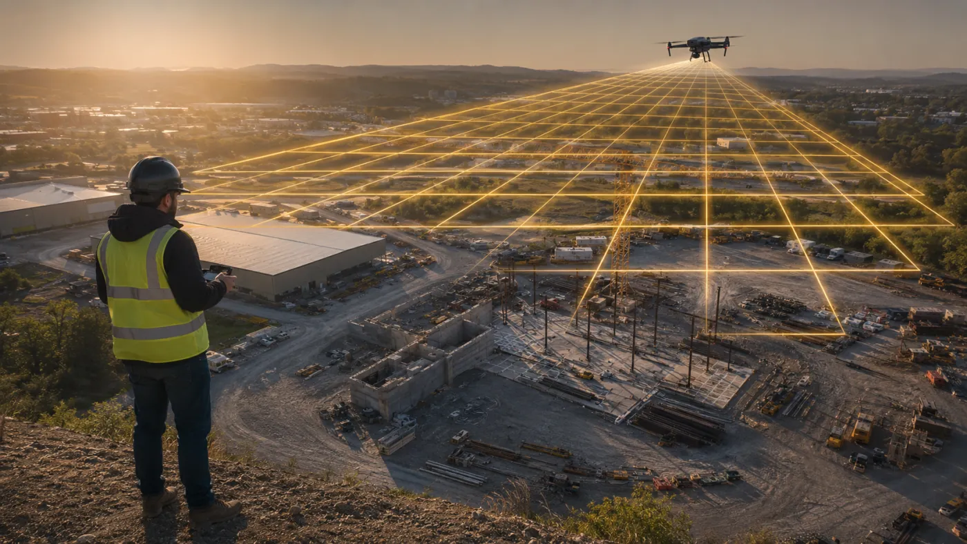 A pilot flying a planned survey grid over a construction site