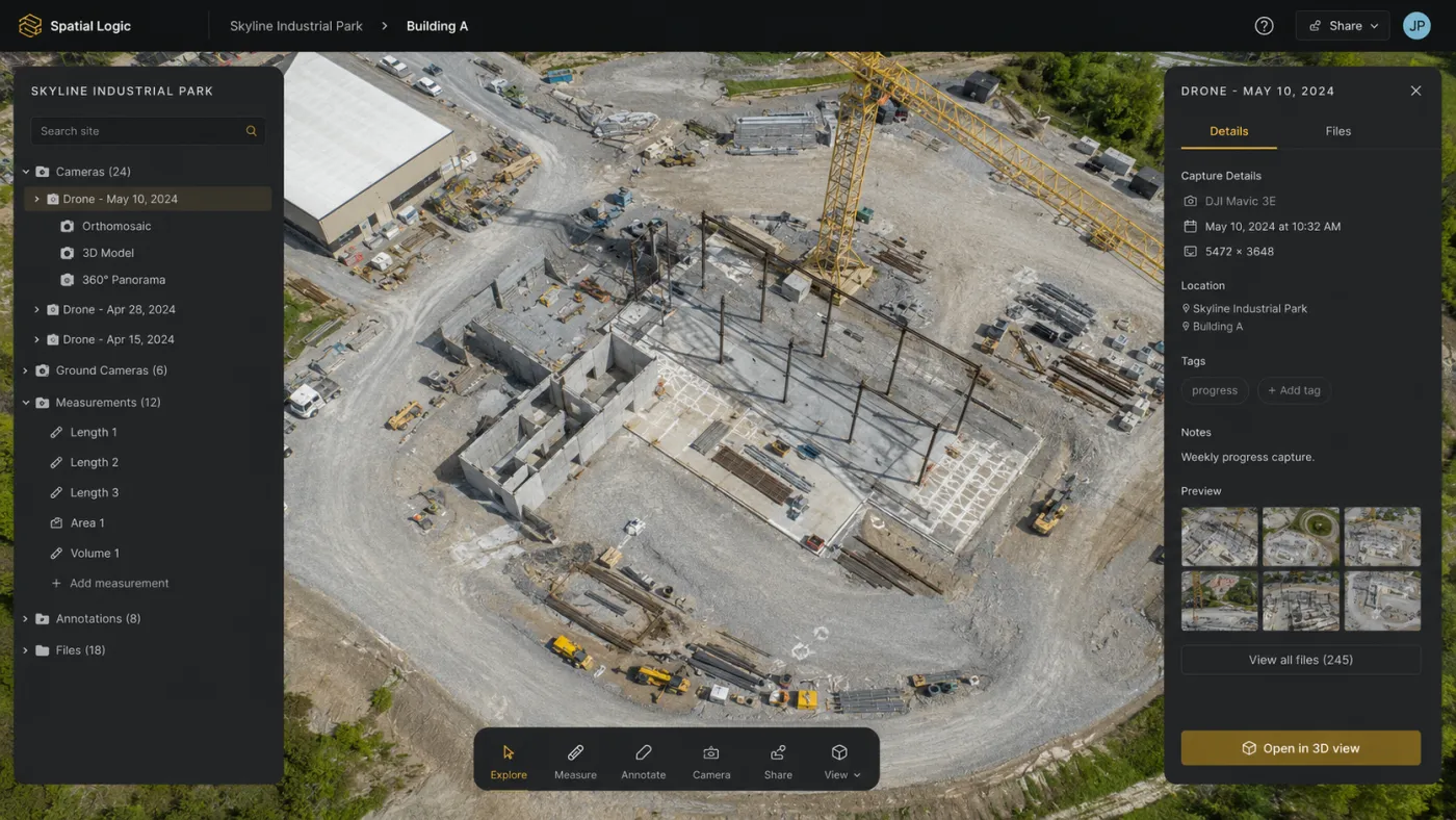 Measurements and capture data organized on a site in Spatial Logic
